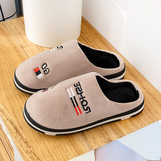 Shinjiao big children's cotton slippers 9-13 years old boys' slippers winter autumn and winter plush home father and son home shoes indoor warm 12 two-color bottom 819-12 english letters brown 36/37 size