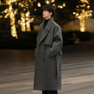 Shelley jones woolen coat men's autumn and winter korean lapel mid-length woolen coat high-end british style loose windbreaker dark gray m recommended 90-110jin jin equals 0.5 kg