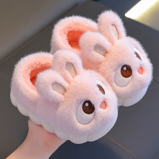 Shengxian rabbit children's cotton slippers winter boys and girls parent-child cute cartoon bag heel anti-slip indoor baby home pink (bag heel 2425 size (inner length 15cm suitable for foot length 14cm)