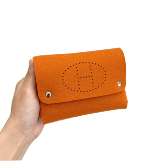 Second-hand 99 new unused complete set of hermes hermes light blue card holder bifold women's wallet card holder 99 new unused unused hermes orange sheep felt coin purse