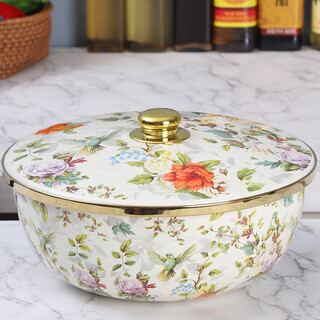 Oulijia thickened enamel basin with lid food-grade baking basin and basin large soup bowl large soup basin and basin mixing bowl 29cm with lid bird singing and flower fragrance 1 piece 5.5l