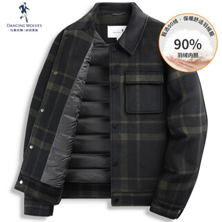 Dances with wolves down liner wool plaid jacket men's 2025 autumn and winter new thick warm lapel jacket 1096 dark green 202 l /175