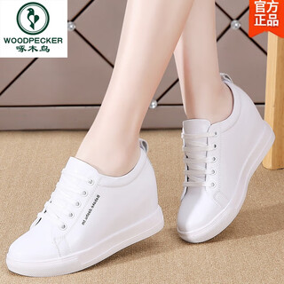 Woodpecker genuine leather white shoes women's wedge heels 2025 spring and autumn new style breathable sneakers thick soles inner heightening women's shoes high heels white 986 genuine leather heels 6cm 38 standard size