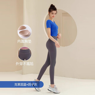 Shuangxiu yoga clothing top women's short-sleeved shock-proof belt with chest pad running fitness professional pilates training sportswear beautiful back klein blue top + dove gray pants l (110-120jin jin equals 0.5 kg)