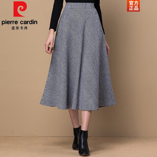 Pierre cardin (pierre cardin) temperament women's woolen a-line skirt women's spring autumn and winter skirt mid-length retro high-waist large size mid-length skirt gray and white houndstooth l