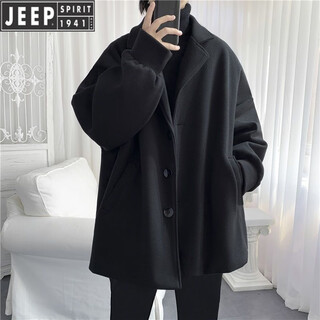 Jeep new autumn and winter new cotton and thick woolen coat short popular street black coat men's loose and handsome clothes black cotton and thick xl