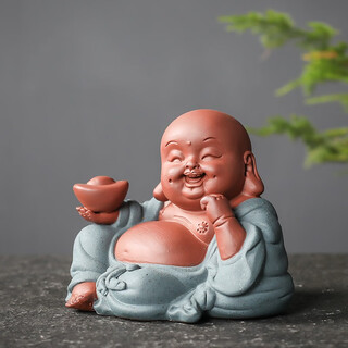Yuxuan purple clay tea pet accessories with a belly of maitreya buddha can raise high-quality purple clay tea toys, tea accessories, car ornaments, maitreya buddha attracts wealth and treasures, blue clothes--xwh