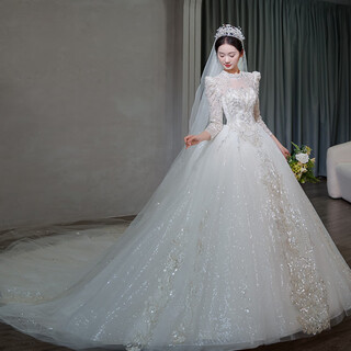 Red makeup wedding dress 2025 bride main wedding dress winter long-sleeved wedding dress french heavy industry retro palace style welcome ceremony dress light champagne tail style 2xl