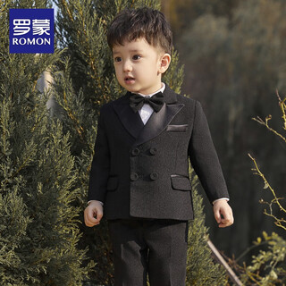 罗蒙男童小西装小童宝宝周岁生日儿童礼服花童宴会西服儿童套装童装 外套+裤子+加绒衬衫+领结 120
