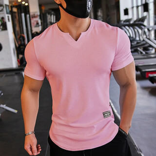 Lutielang tight fitness clothes men's sports short-sleeved round neck quick-drying short-sleeved t-shirt coaching clothes men's muscle training elastic pink xl