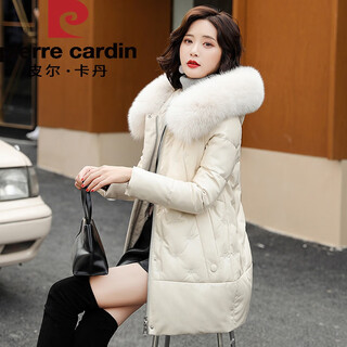 Pierre cardin sheepskin down jacket women's 2025 winter new mid-length haining fur fox fur hooded genuine leather jacket off-white imported fox fur collar 4xl recommended weight 145_155jin jin is equal to 0.5 kg