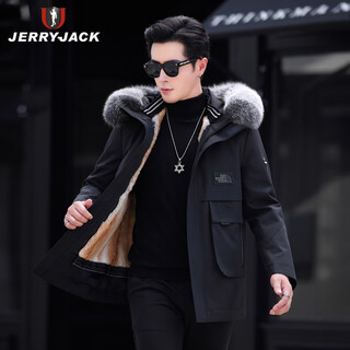 Jerryjack haining mink coat parka men's detachable liner fur all-in-one mid-length fur coat fox fur collar black l/170