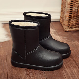 Yumu winter velvet rain boots for women, warm, waterproof, non-slip, adult rain boots, mid-length cotton water shoes, lightweight all-in-one velvet overshoes, black 38