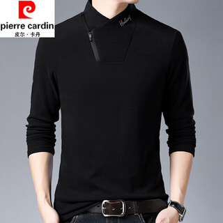 Pierre cardin pure cotton anti-wrinkle long-sleeved t-shirt men's spring and autumn new half turtleneck sweatshirt solid color slim trend bottoming shirt hl-19819 black 180/xxl