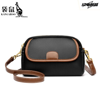 Kangaroo high-end bag for women 2025 chinese valentine's day korean version retro texture crossbody bag for women lightweight and versatile shoulder shell bag black leather shoulder strap + wide webbing