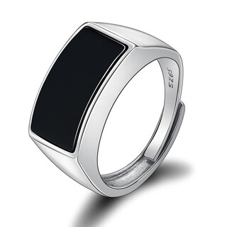 Miaojufu black agate high-end men's ring s925 live ring ring open gemstone simple and adjustable large black agate s925 silver ring