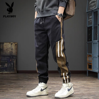 Playboy 2025 autumn and winter new trendy brand workwear, versatile casual pants, men's striped large size handsome harem sports trousers, black xl, suitable weight 145-160jin jin is equal to 0.5 kg
