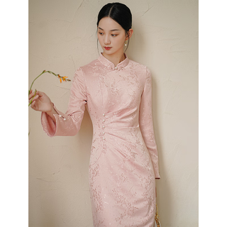 Chuchan clothes chuchan pink cheongsam women's 2025 autumn high-grade satin texture national style improved new chinese style dress pink m (ready stock)