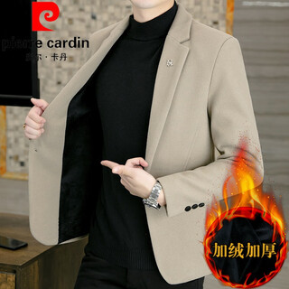 Pierre cardin 2025 casual suit men's korean version slim fit plus velvet thickened woolen small suit jacket autumn and winter single western trendy knitted plus velvet khaki color 3xl