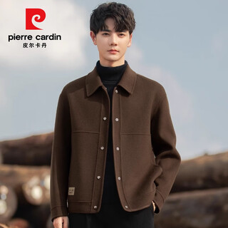 Pierre cardin 2024 new winter woolen coat men's double-sided wool coat short lapel casual woolen jacket autumn dark brown m recommended 90-110jin jin equals 0.5 kg
