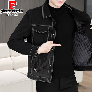 Pierre cardin denim jacket men's autumn and winter velvet thickened lapel work jacket youth warm tops winter clothes black l