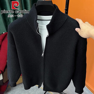 Pierre cardin versatile solid color wool zipper cardigan men's knitted sweater autumn and winter new slim sweater jacket men stand collar outer wear black 165/m