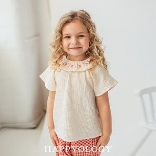 Happyology british girls summer ruffled embroidered lapel shirt breathable baby girl short-sleeved top almond white 86 (86cm)