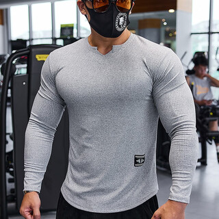 Lutielang fitness clothes sports t-shirt bottoming shirt men's long-sleeved elastic quick-drying muscle training running top gray l