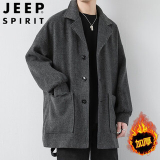 Jeep corduroy woolen coat men's winter mid-length loose windbreaker korean style trendy plus velvet thick woolen coat dark gray thicker style m recommended 90-120 jin jin equals 0.5 kg