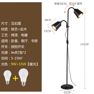 北欧客厅卧室简约网红LED现代装饰书房多功能子母立式灯钜 2201黑色款15W+9W 暖光
