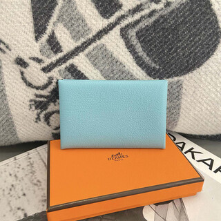 Second hand 99 new hermes (hermes) blue evercolor leather engraved calvi folding card holder