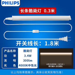 飞利浦（PHILIPS）led台灯酷毙灯壁灯大学生宿舍神器USB书桌宿舍插电灯管长条灯 3.4瓦【中性光】长0.3米，配国产1.8米开关线