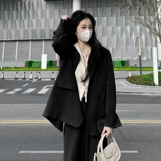 Garnuo milk tea gray small suit jacket for women 2025 spring and autumn new suit small high-end loose casual suit black suit suit + pants s 101-110jin jin equals 0.5 kg