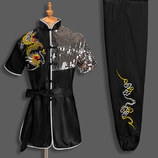席佰武术表演服成人 演出服功夫练武服男女中国风武术练功比赛服套装 反龙黑色 170
