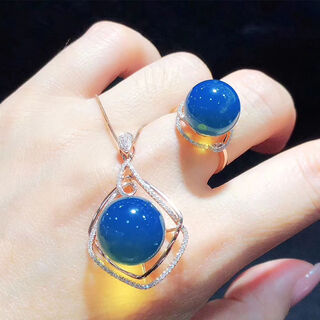 Dominican blue amber pendant, pure water-free blue amber necklace ring, amber beeswax set, 925 silver plated 18k female (pendant + ring) set