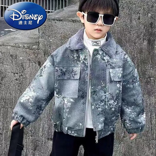 Disney (disney) children's velvet jacket, boy's leather jacket, autumn and winter new style, handsome middle-aged fur collar top, windproof and waterproof, velvet jacket 130