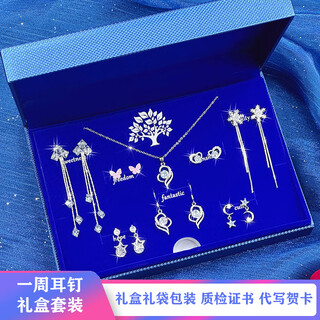 One-week earrings and necklace set, high-end and practical birthday gift for girlfriend, wife and best friend, silver needle earrings and earrings, white necklace and earrings set