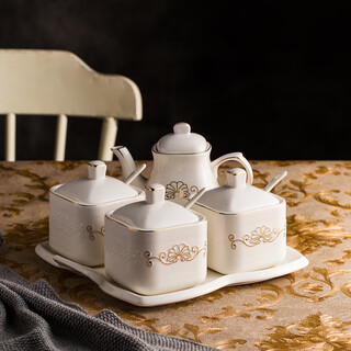 Mlcriyg european ceramic seasoning jar soy sauce bottle set kitchen household vinegar pot seasoning pot oil pot seasoning box combination supplies b type square (1 pot 1 plate 3 cans) 350ml