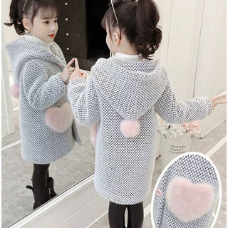 Hengli girls' coat autumn and winter children's medium-length woolen coat medium and large children's quilted thickened little girl's coat gray 130