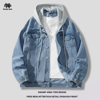 Swamp area men's hooded denim jacket autumn and winter american retro loose couple casual jacket swc11 blue l