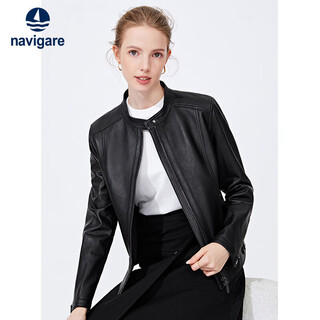 Navigare italian dinghy women's genuine leather jacket autumn and winter small stand-up collar sheepskin motorcycle jacket x2236700091 black m