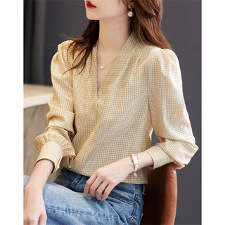 Demana (dme) pleated design shirt spring and autumn commuter v-neck straight long-sleeved plaid shirt women's tops autumn leaf yellow xl