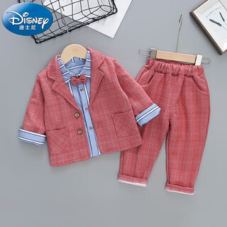迪士尼儿童西服秋冬季小童加厚西装三件套男宝宝英伦风周岁花童礼服套装 红色 复合西装三件套 110cm
