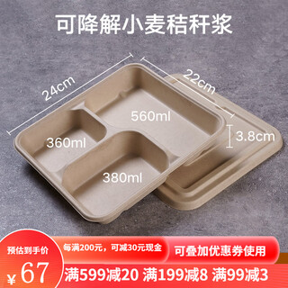 Disposable four-compartment lunch box, three compartments, four compartments and five compartments, take-out packaging box, fast food box, environmentally friendly and biodegradable pulp dinner plate, 1200ml three-compartment lunch box + pulp cover (25 sets)