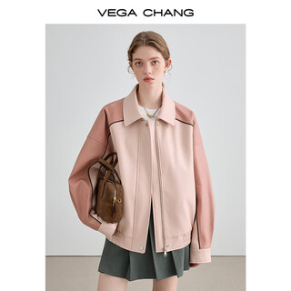 Vega chang pink leather jacket women's 2025 spring and autumn new loose slim hong kong style retro pu leather color block jacket top leather pink m