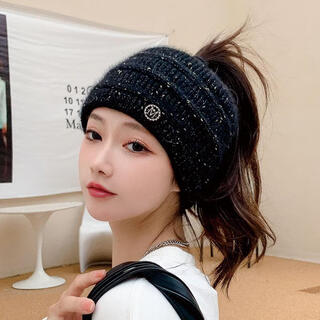 Ukcf woolen hat women's autumn and winter revealed hair ponytail hat plus velvet revealed ponytail winter topless rabbit fur knitted hat black leakable ponytail headband one size elastic
