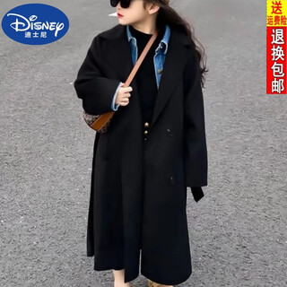 迪士尼（DISNEY）2024秋冬新款女童洋气时髦毛呢大衣风衣中长款外套韩范百搭中大童 黑色 150 建议身高152cm以内