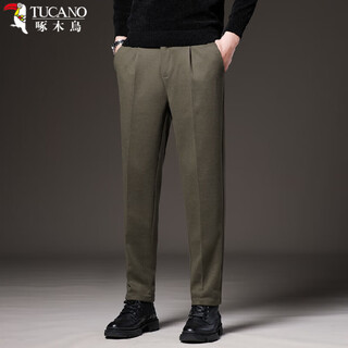 Woodpecker (tucano) woolen trousers men's drape brushed advanced light mature slim fit nine-point casual pants plus velvet warm and thickened men's trousers brown trousers 40