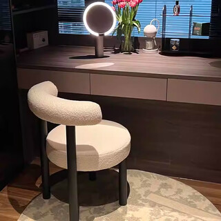 Kunfeng dressing table makeup chair, light luxury and high-end dressing chair, internet celebrity manicure chair, modern simple stool for girls' bedroom, white cashmere, thickened and reinforced, black legs painted