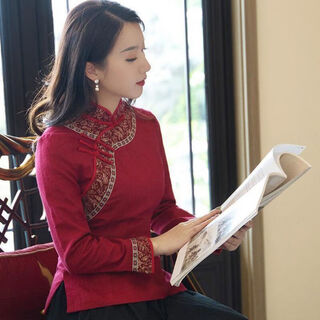 Lanweifeilei spring and autumn half-length cheongsam top chinese tang suit red retro long sleeve button temperament women's clothing spring and autumn style l